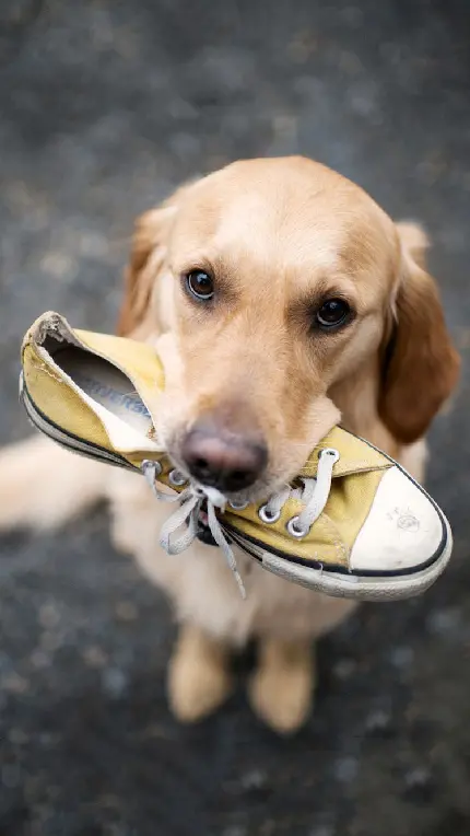 تصویر زمینه جالب سگ زیبا با کفش در دهان برای موبایل