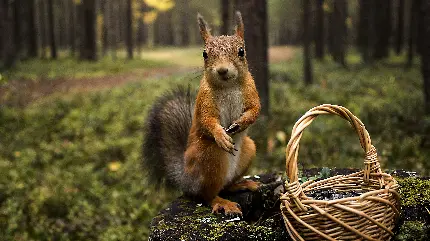 عکس سنجاب کیوت با سبدی زیبا کنار آن در دل جنگل 