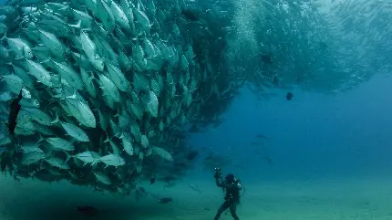 تصویر غواص در حال فیلم برداری از دسته بزرگ ماهی ها