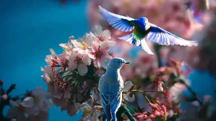 دانلود تصویر استوک دو پرنده آبی زیبا در حال پرواز