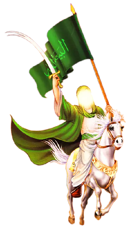 تصویر png از امام علی با پرچم و شمشیر بر روی اسب