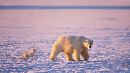 عکس خرس قطبی در کناه روباه سفید قطبی بر روی یخ