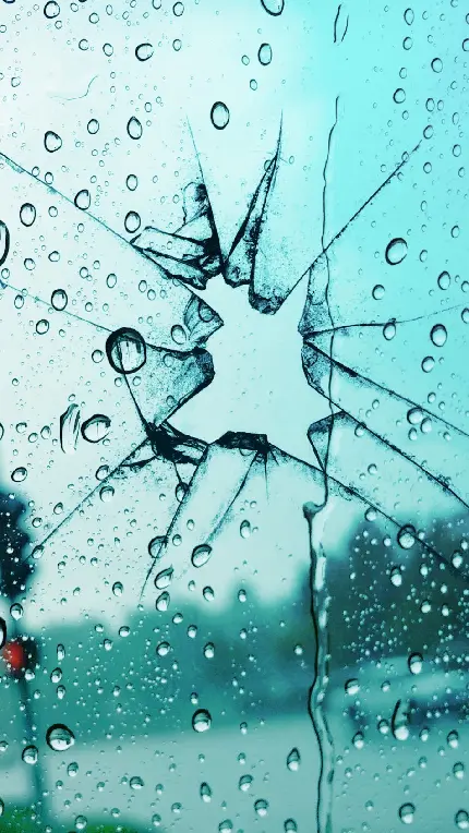 جدید ترین عکس شیشه شکسته باران زده با تم آبی برای زمینه گوشی