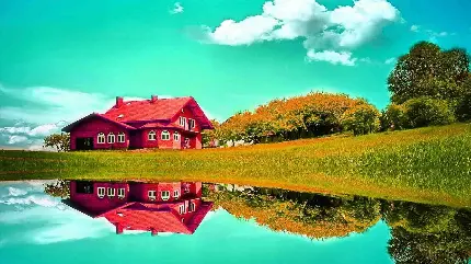 والپیپر تحسین برانگیز از خانه قرمز رنگ کنار رودخانه با کیفیت 8K