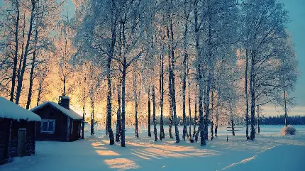 تصویر زمینه جنگل و کلبه در فصل زمستان