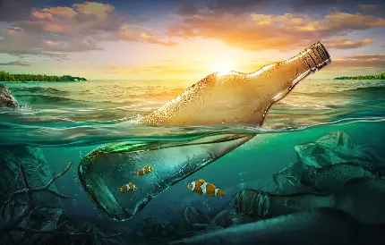 عکس گرافیکی مفهومی از بطری بزرگ معلق در آب به نشانه خطر آلودگی دریا ها