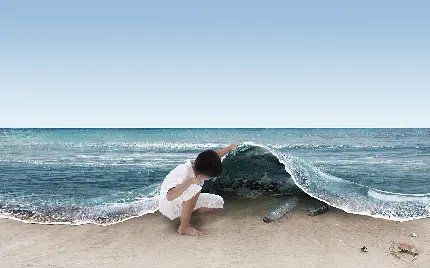 تصویر بسیار زیبا و مفهومی از کودک در کنار آلودگی های دریا