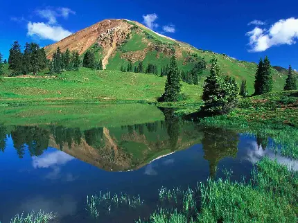 عکس زمینه شاهکار از انعکاس کوه و درختان درون چشمه آبی زلال