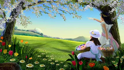 نقاشی دو دختر زیبا از پشت در طبیعت بهار برای پروفایل