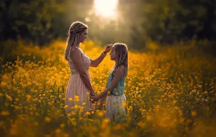 عکس مادر و بچه در دشت گل های زرد بهاری برای پروفایل