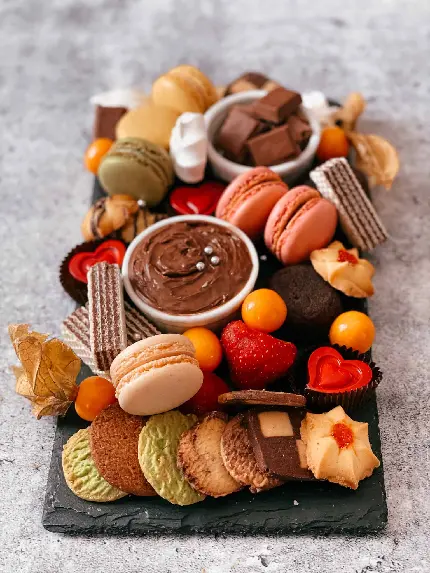 تصویر سینی دسر زیبا و تماشایی با شیرینی های رنگارنگ خواستنی