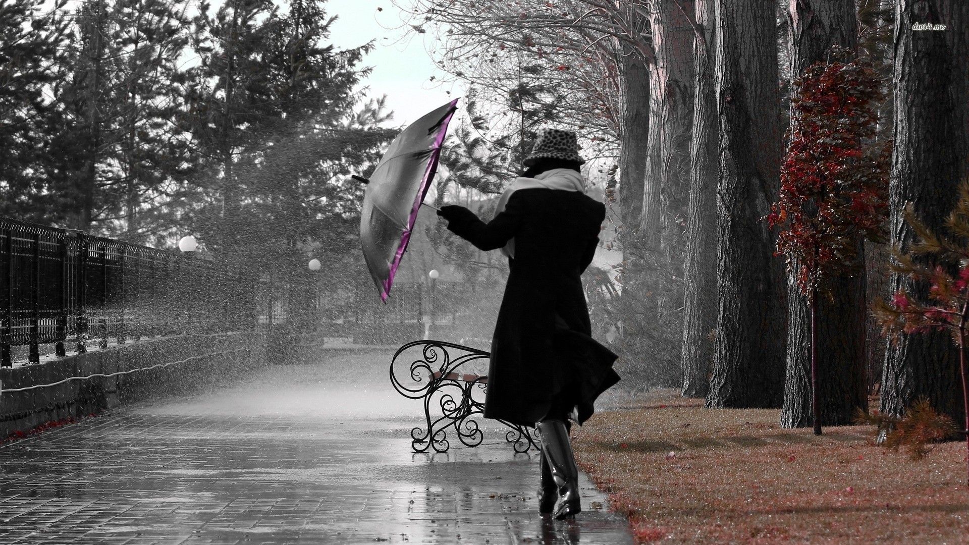 تصویر زمینه رمانتیک دختر با چتر در باران مناسب لپتاپ