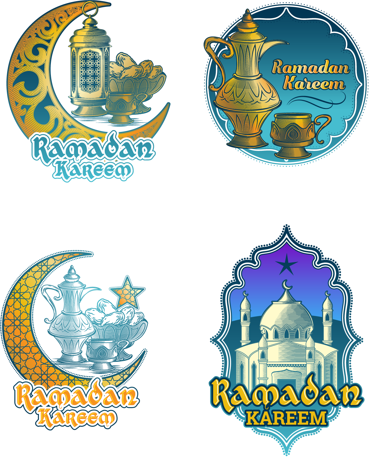 چهار نقاشی ramadan kareem در یک نمای png