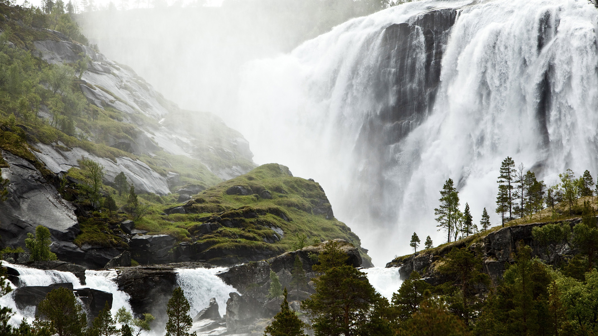 والپیپر جذاب از آبشار آب بلند و طبیعت سبز و زیبا