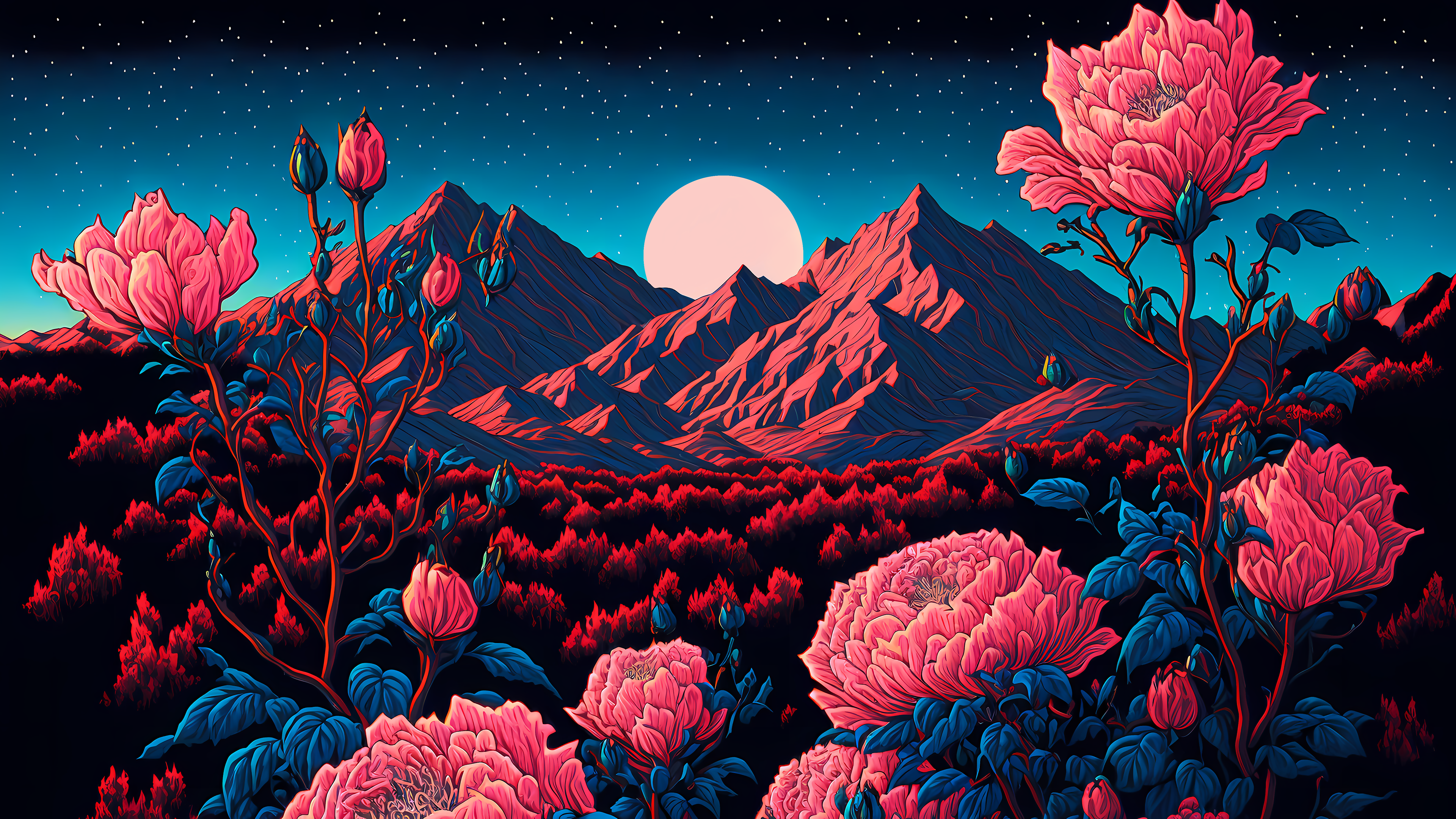 نقاشی ماه و گل های سرخ و کوهستان زیر آسمان پرستاره توليد شده توسط هوش مصنوعی