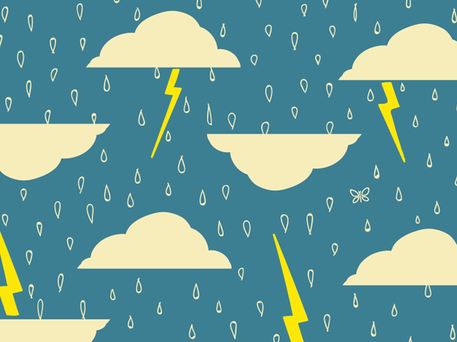 عکس کارتونی ابر و باران و رعدوبرق در آسمان سبز آبی 
