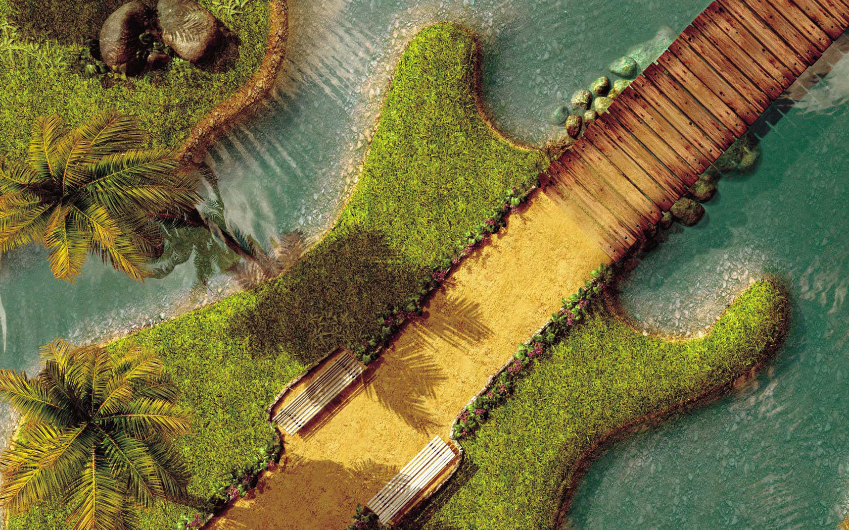 عکس دلنشین منظره وسط آب به شکل گیتار از بالا