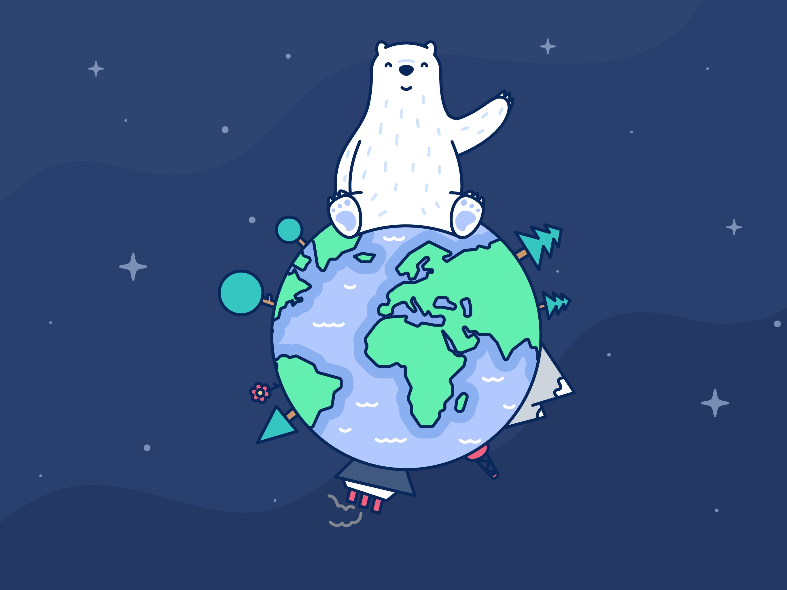 نقاشی دیجیتالی بسیار زیبا از خرس قطبی سفید نشسته روی کره زمین