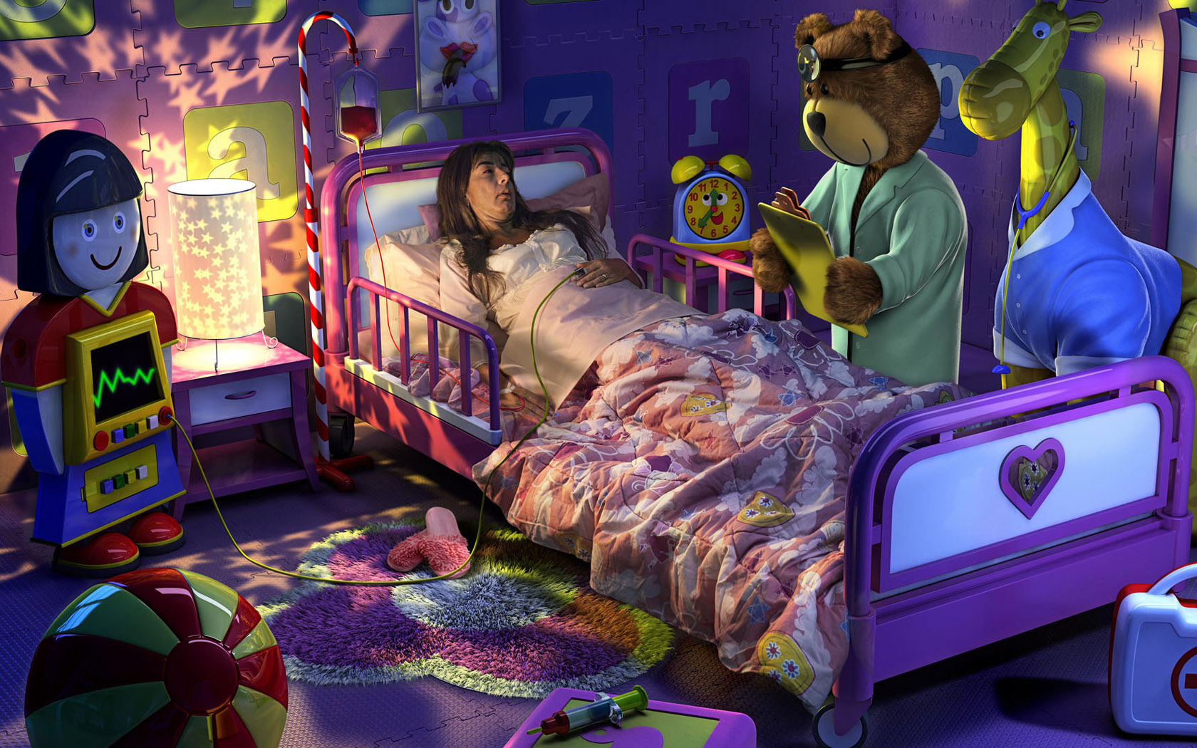 عکس کیوت و خوشگل خرس قهوه‌ای دکتر در حال معاینه بیمار در یک اتاق فانتزی 
