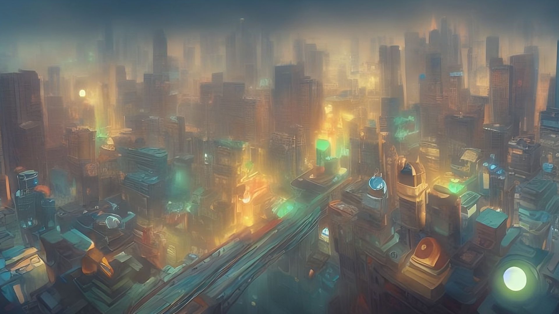نقاشی AI یا هوش مصنوعی از شهر نورانی مه آلود مناسب زمینه دسکتاپ 