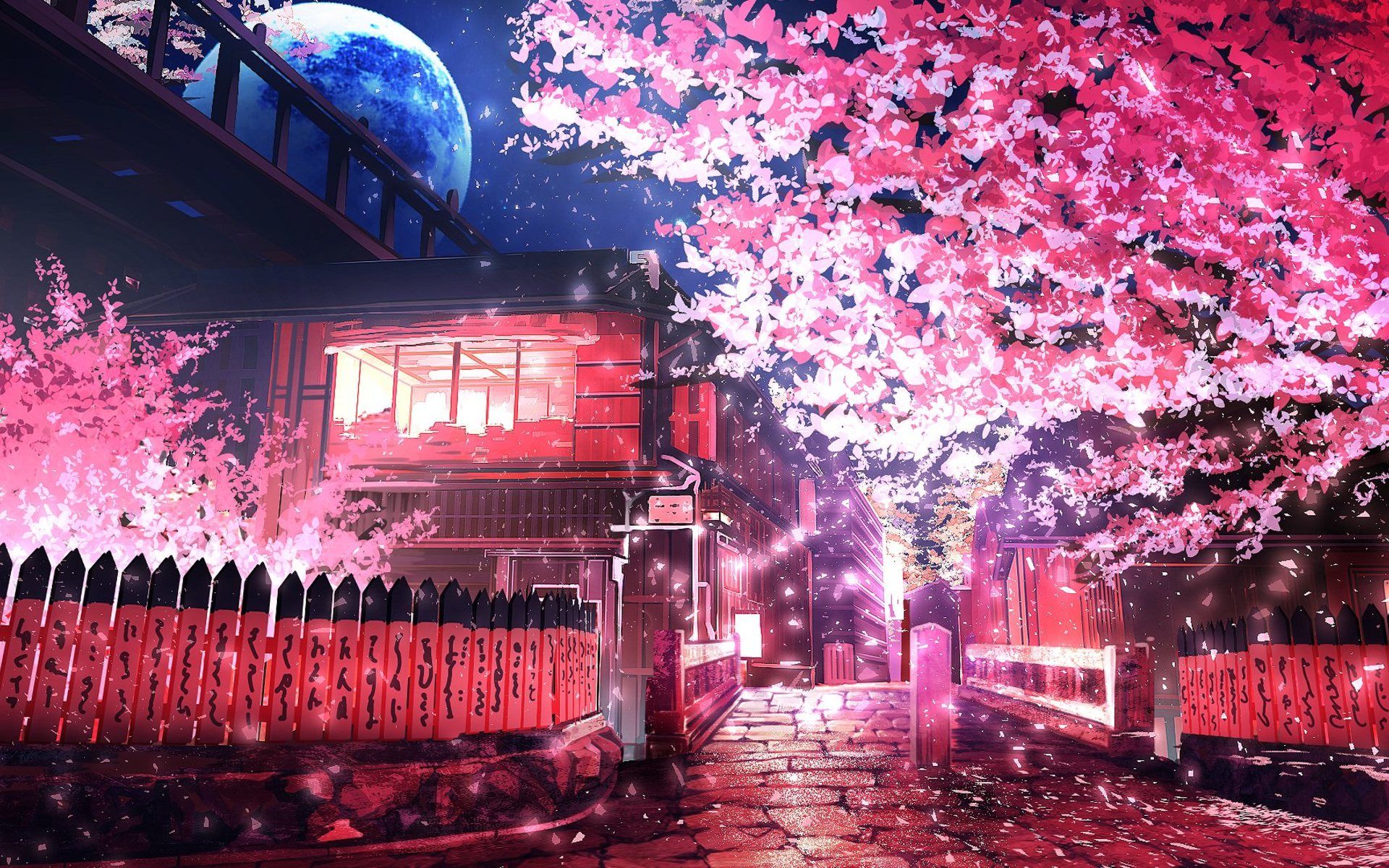 نقاشی صورتی اکلیلی فصل بهار در شب برای ایده با وضوح hd
