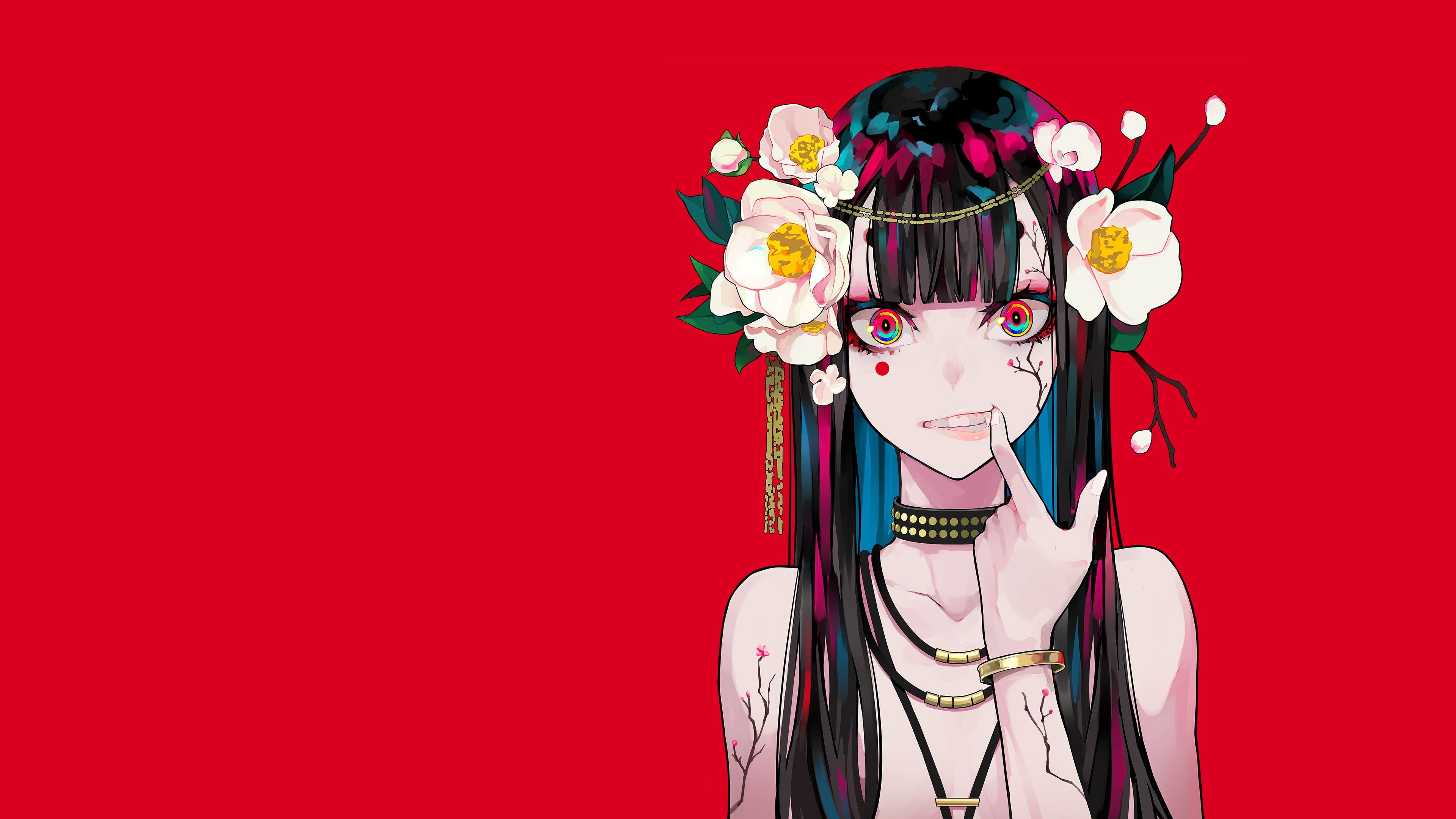 شیک ترین Background قرمز دختر انیمه ای با گل و زیورآلات خاص