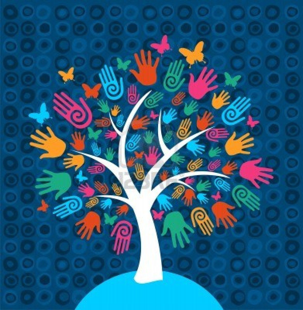 تصویر فوق العاده رویایی از درخت حقوق بشر با اثر دست های رنگی