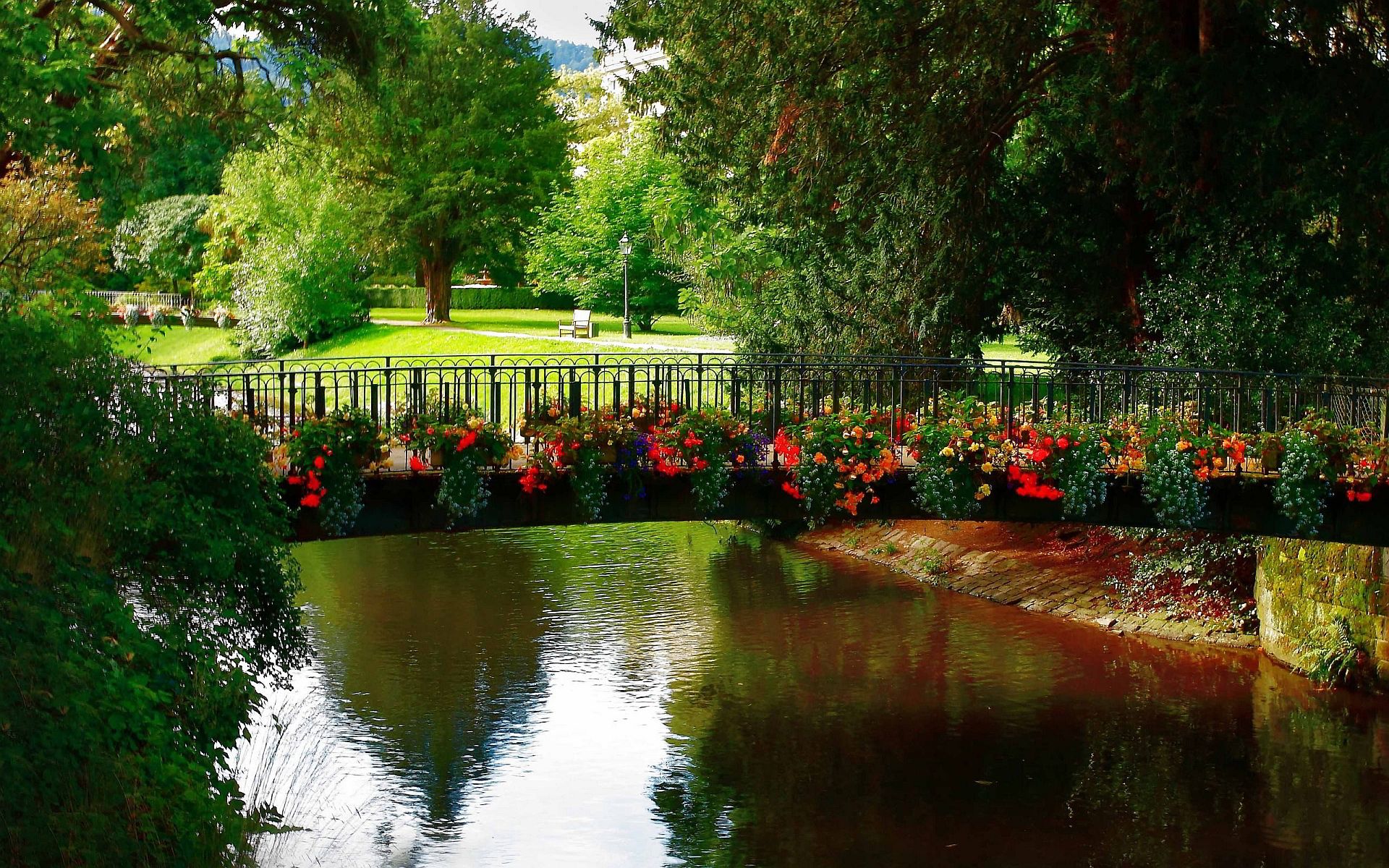 تصویر جذاب پل روی دریاچه در پارک با تزئین گل های بهاری