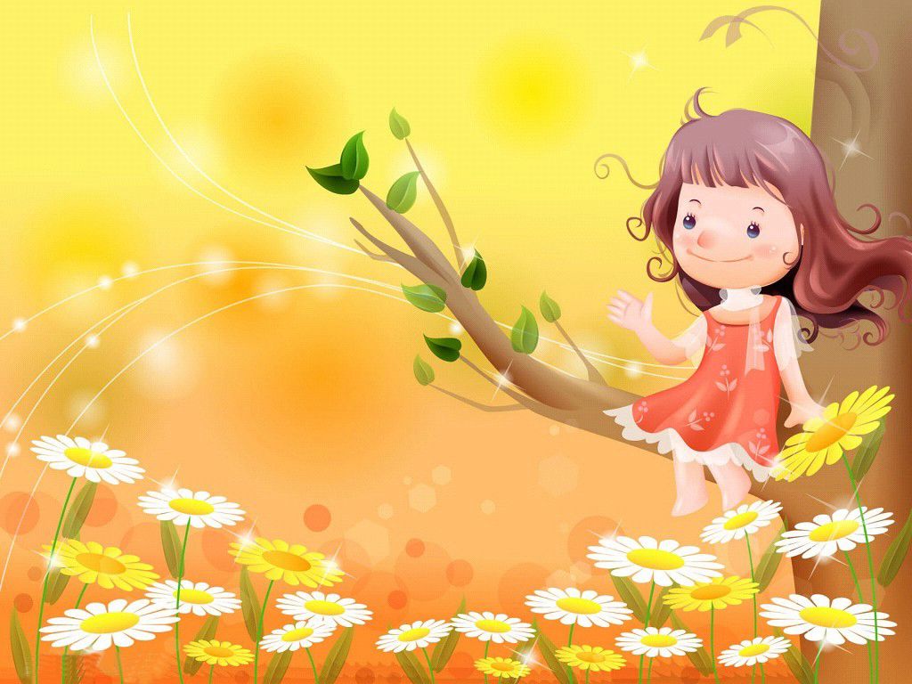 والپیپر گوگولی دختر کوچولو و گل های زرد و سفید بهاری