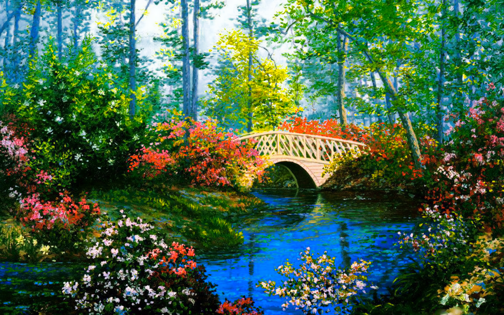 نقاشی شگفت‌انگیز پل چوبی روی دریاچه بهاری پارک 2023