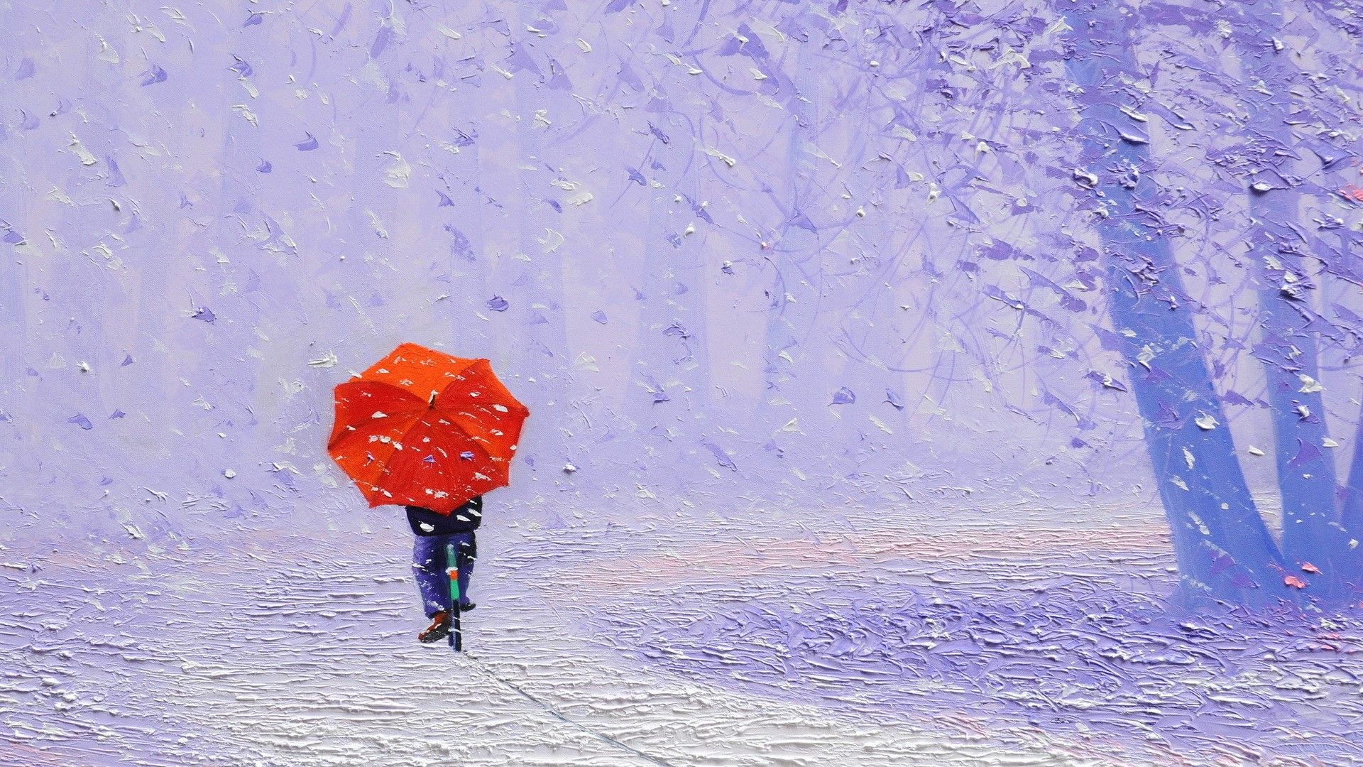 نقاشی روح بخش باران در بهار با چتر قرمز و هاله بنفش