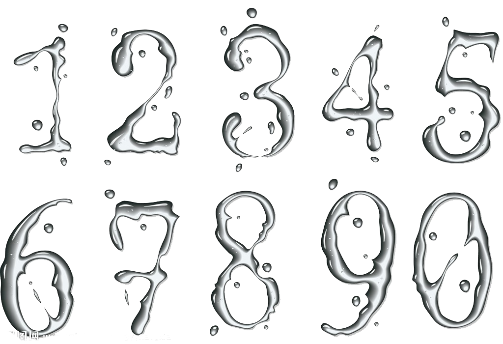 اعداد ریاضی ۱ تا ۹ جدا به شکل آب مایع