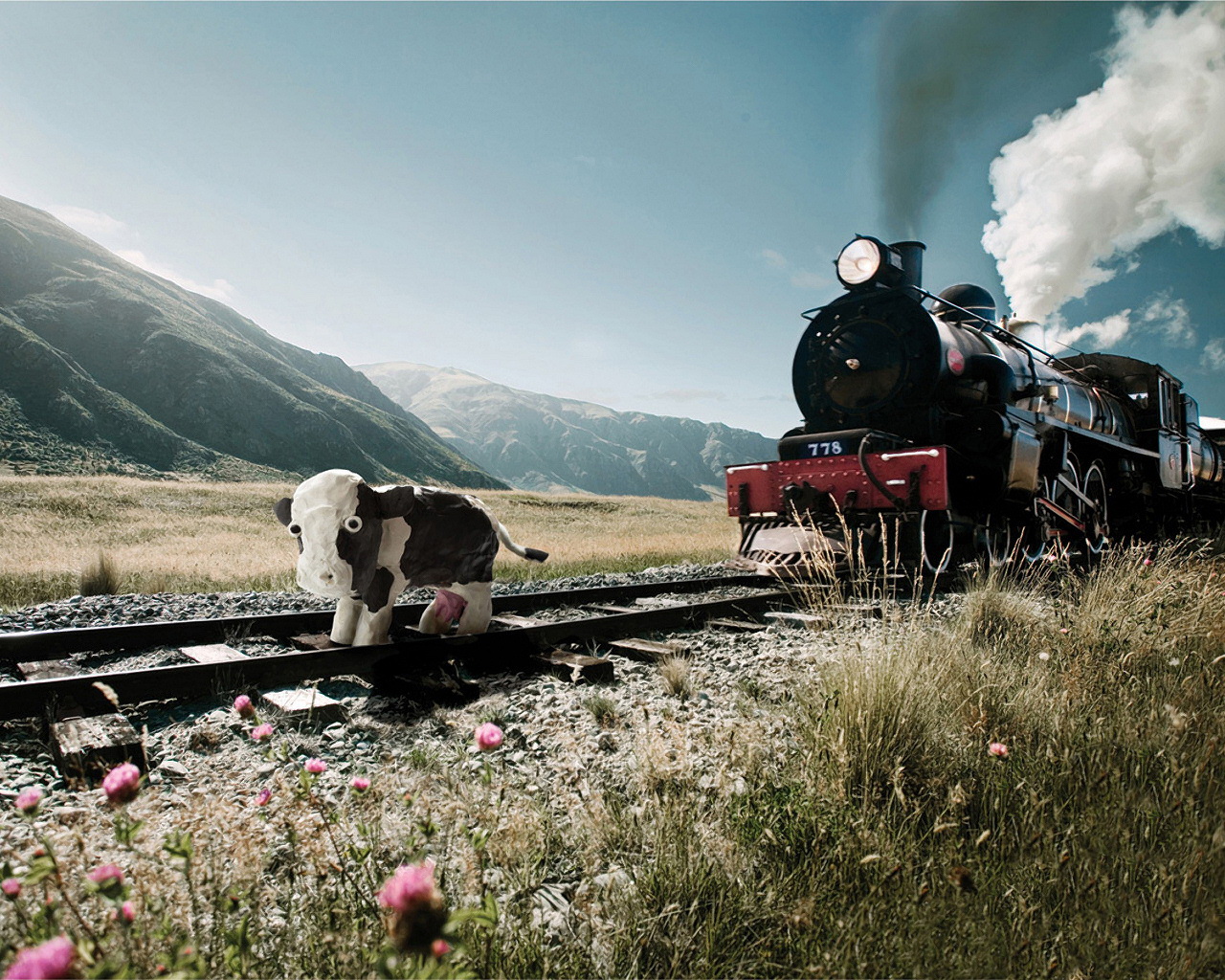 بک گراند گوگولی ساختگی از بچه گاو زیبا در مسیر ریل قطار