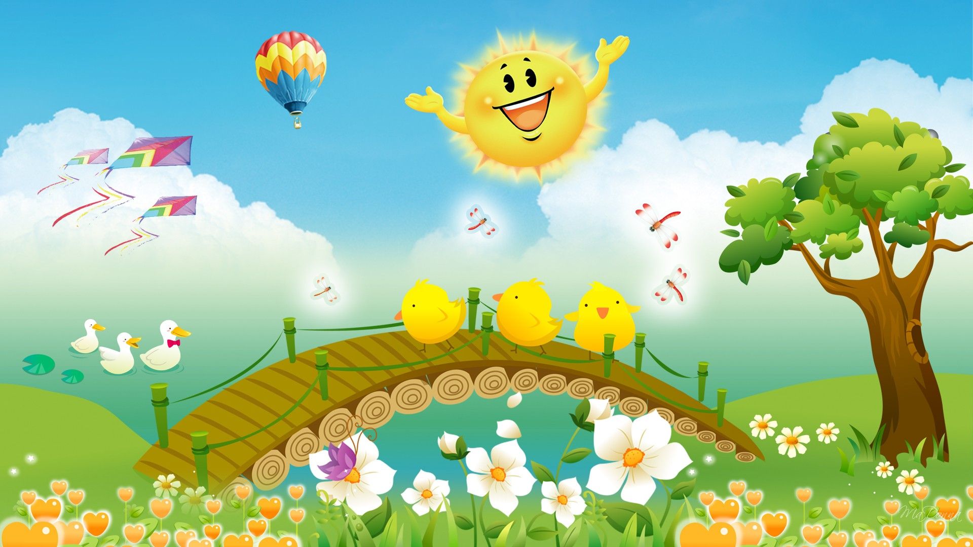 تصویر کارتونی پرنشاط بهاری با گل جوجه اردک خورشید