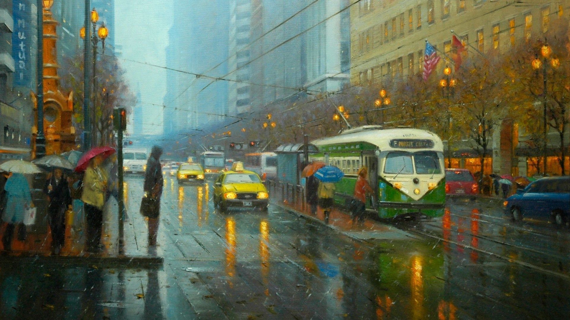 نقاشی جالب توجه باران رمانتیک در شهر شلوغ و پرتردد