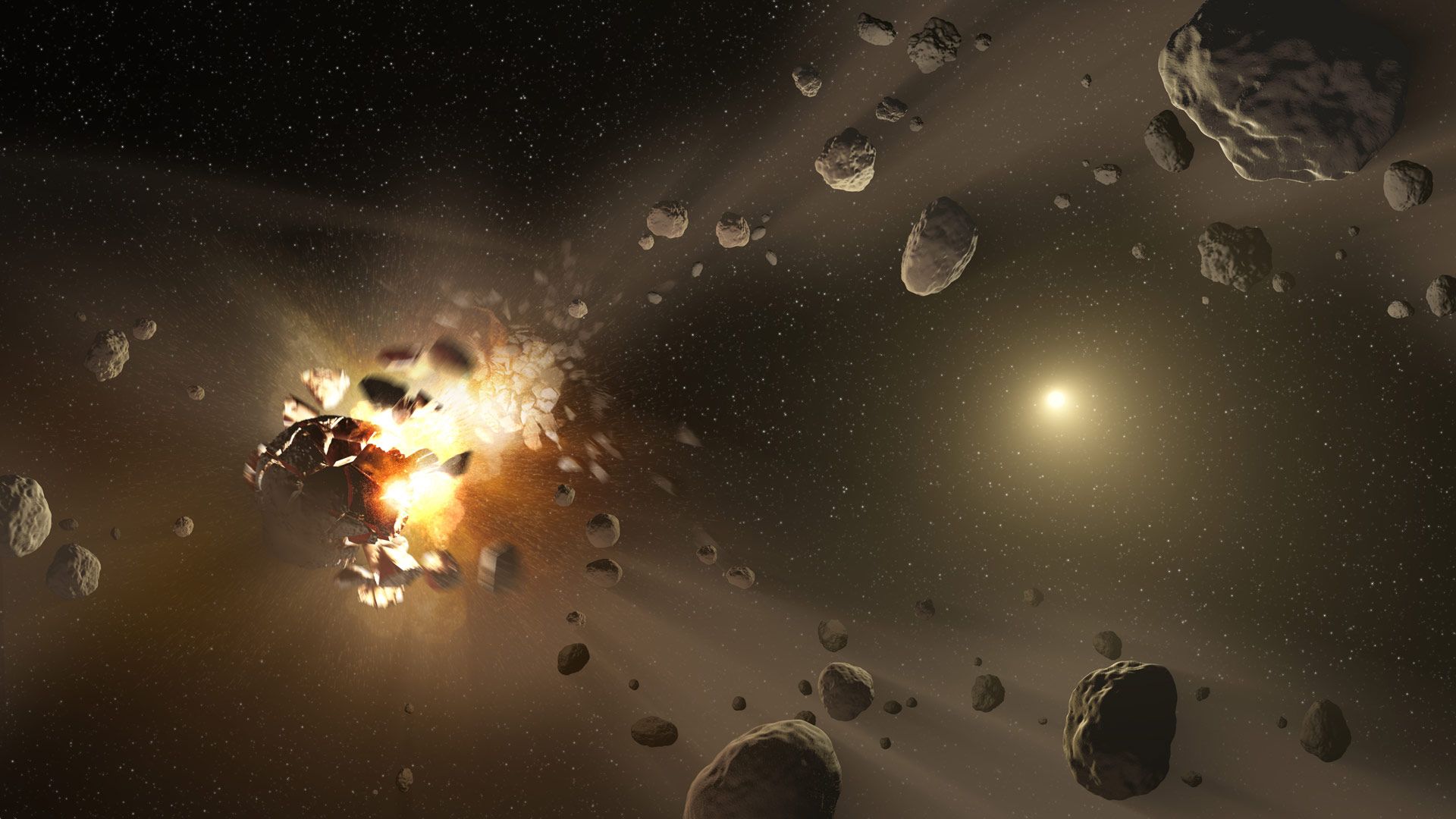 نمای دیجیتالی تکه سنگ های معلق کمربند سیارکی در فضا