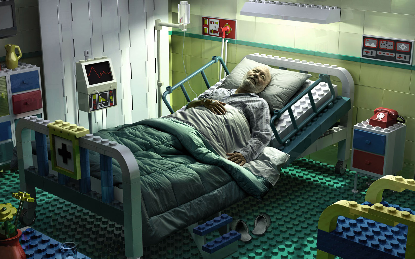 عکس فوق العاده عجیب پیرمرد بستری در بیمارستان با ساختار اسباب بازی 