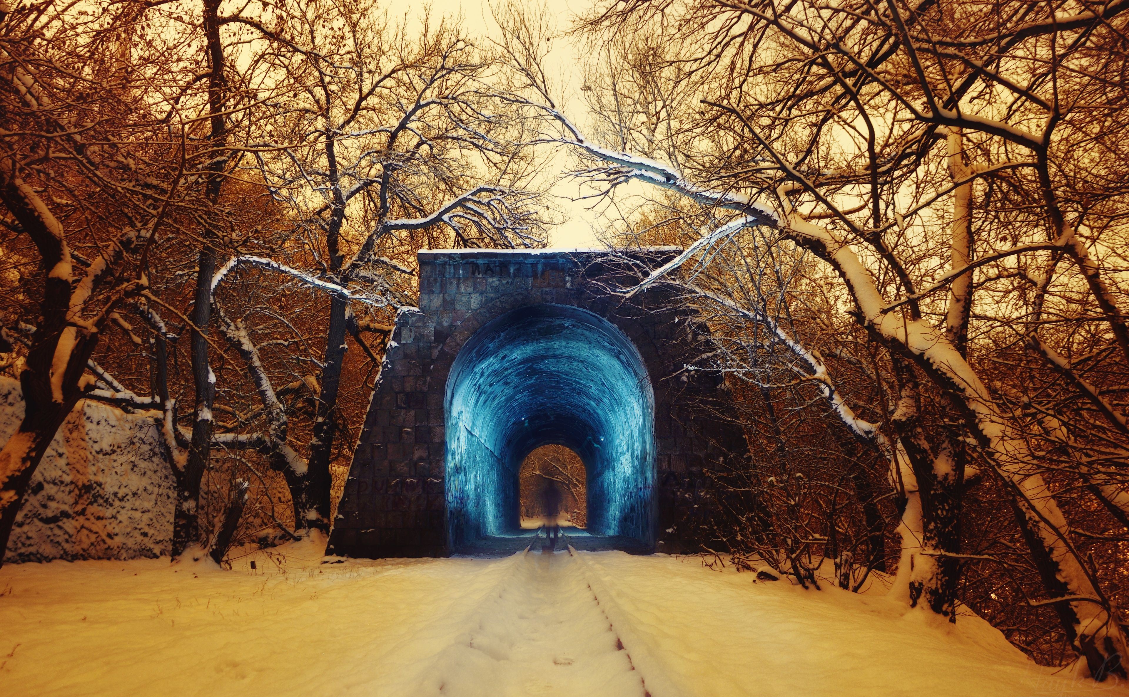 منظره شگفت انگیز تونل برفی آبی براق در جنگل زمستانی