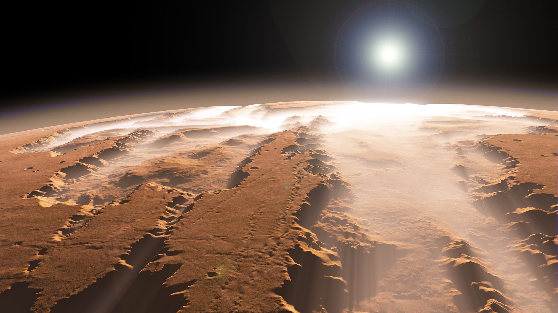 عکس سطح سنگی سیاره مریخ در امتداد نور قمر اطرافش
