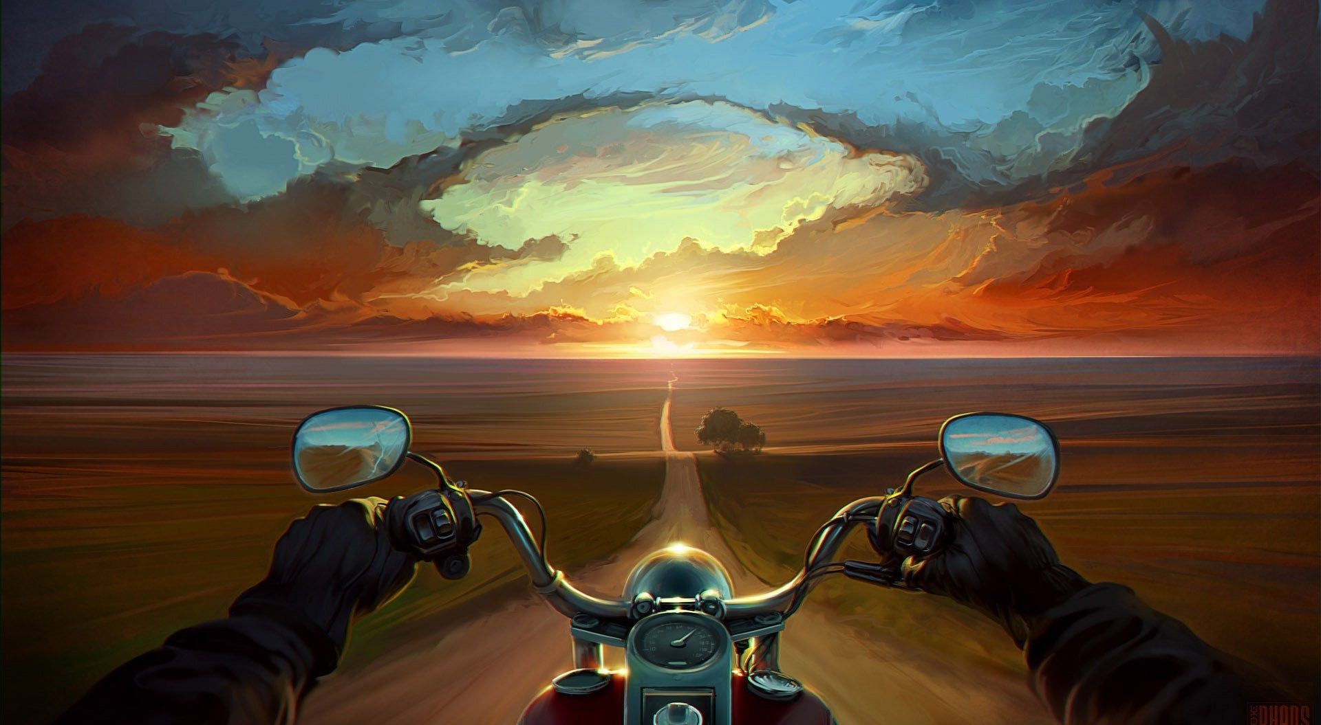 تصویر نقاشی جاده و موتور سیکلت