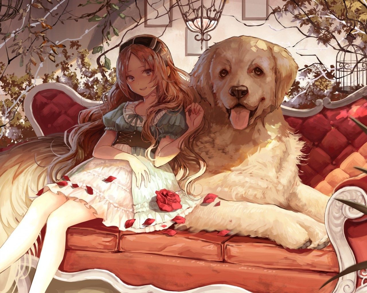 خوشگل ترین تابلو نقاشی سگ کیوت کنار دخترک زیبا