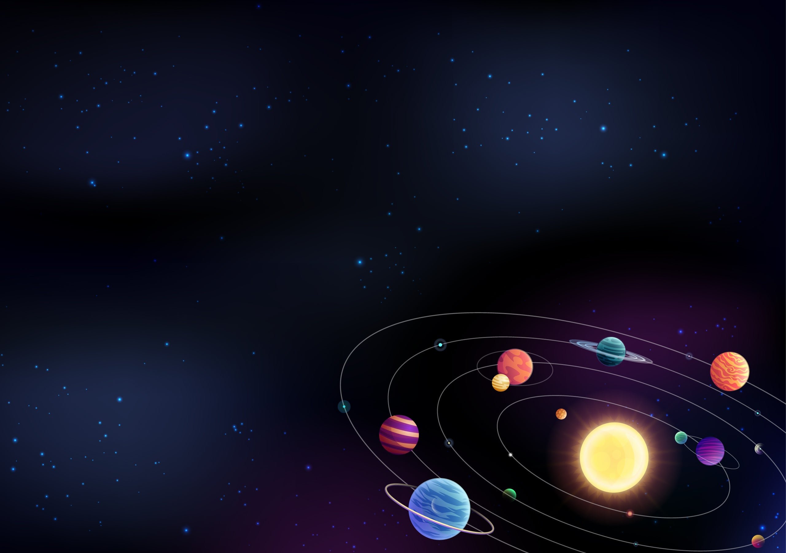 نقاشی دیجیتالی منظومه شمسی با تمامی مدار و قمر ها
