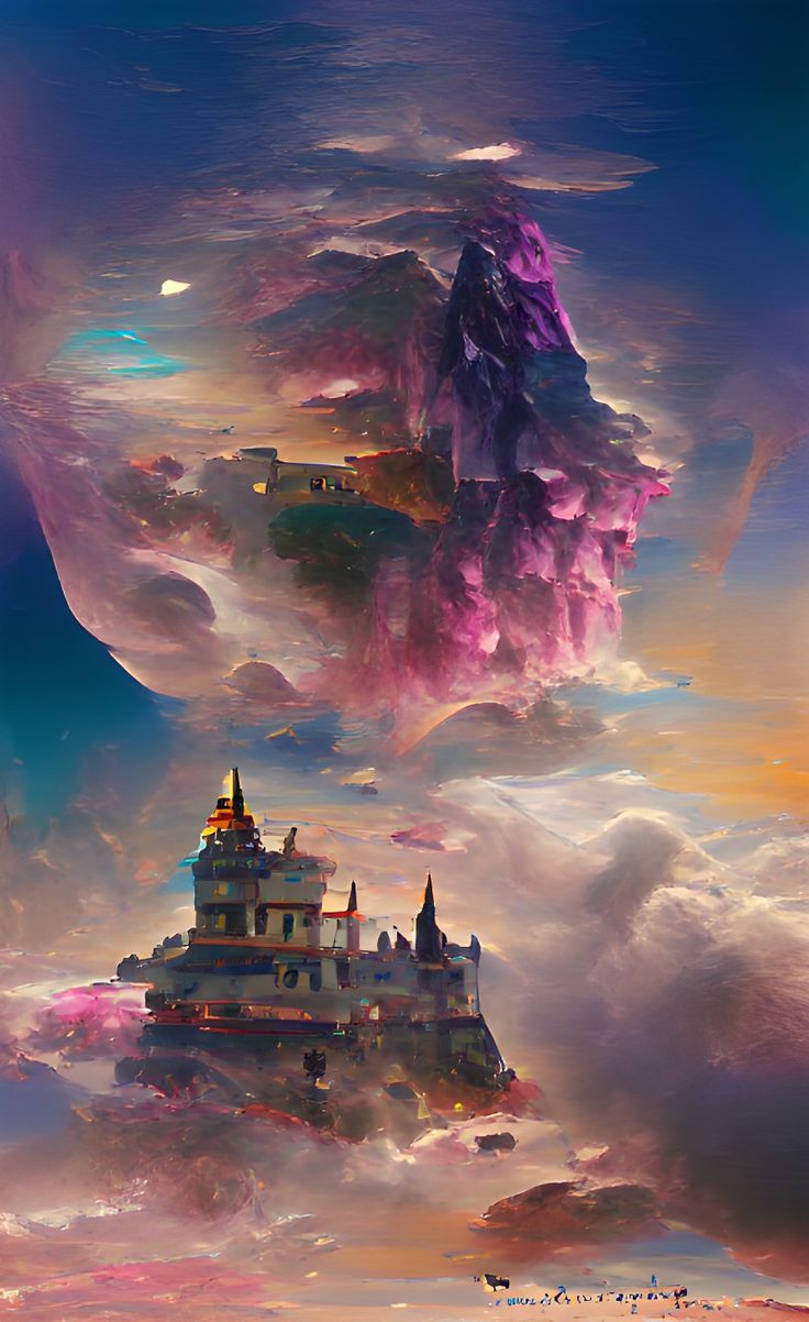 نقاشی تولید شده هوش مصنوعی از قلعه میان ابر های سفید و صورتی آرامش بخش 