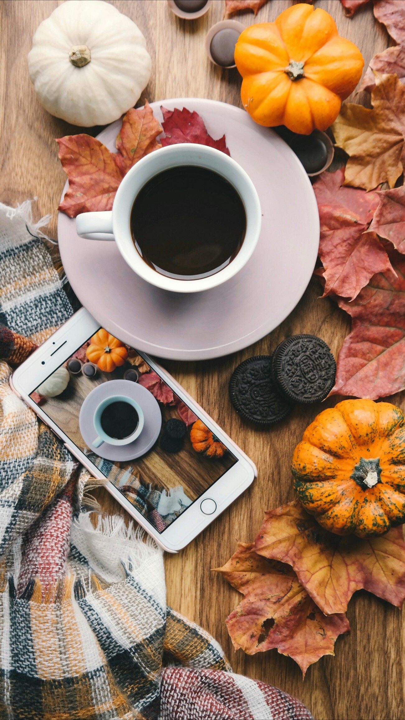 تصویر 8K فنجان قهوه در کنار موبایل و برگ های پاییزی