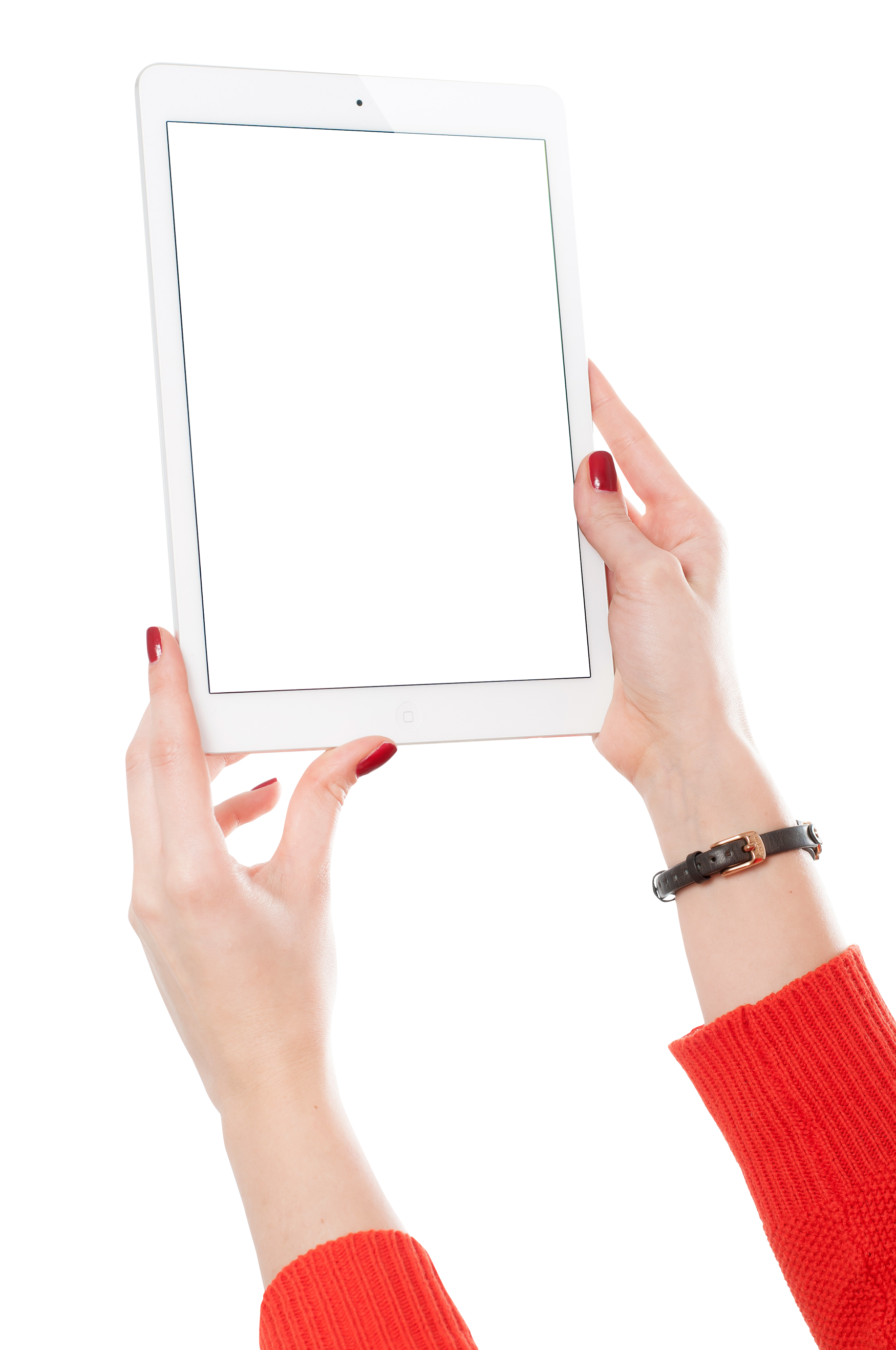 نمای png رایگان تبلت در دست زن با صفحه نمایش خالی 