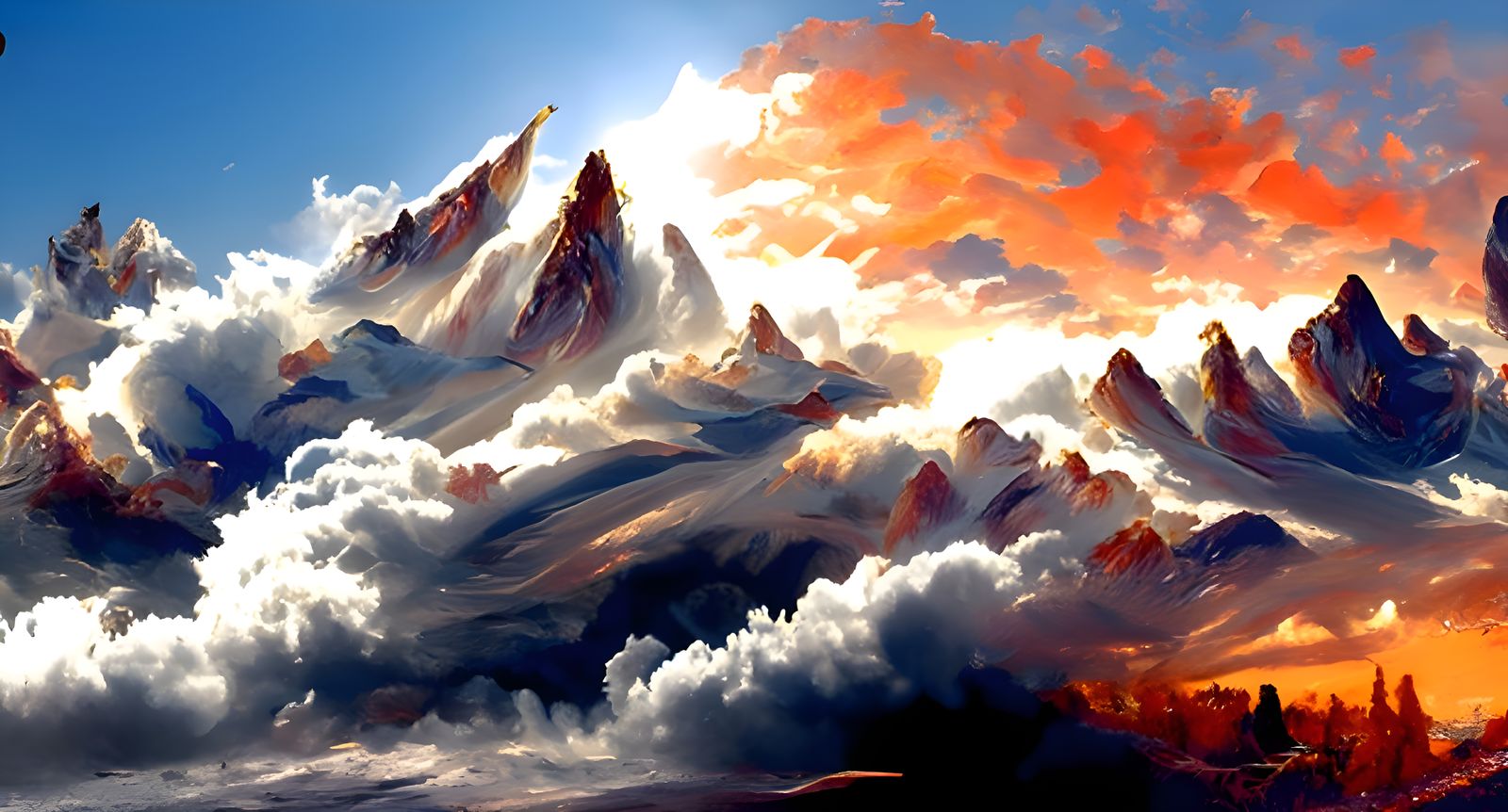 تصویر رویایی هوش مصنوعی از طبیعت جاری میان کوه و ابر ها
