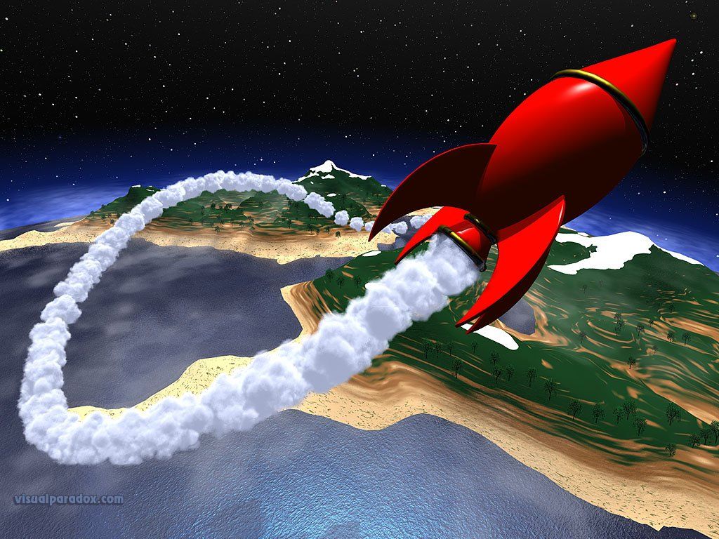زیباترین تصویر چند بعدی پرواز موشک کارتونی قرمز در فضا