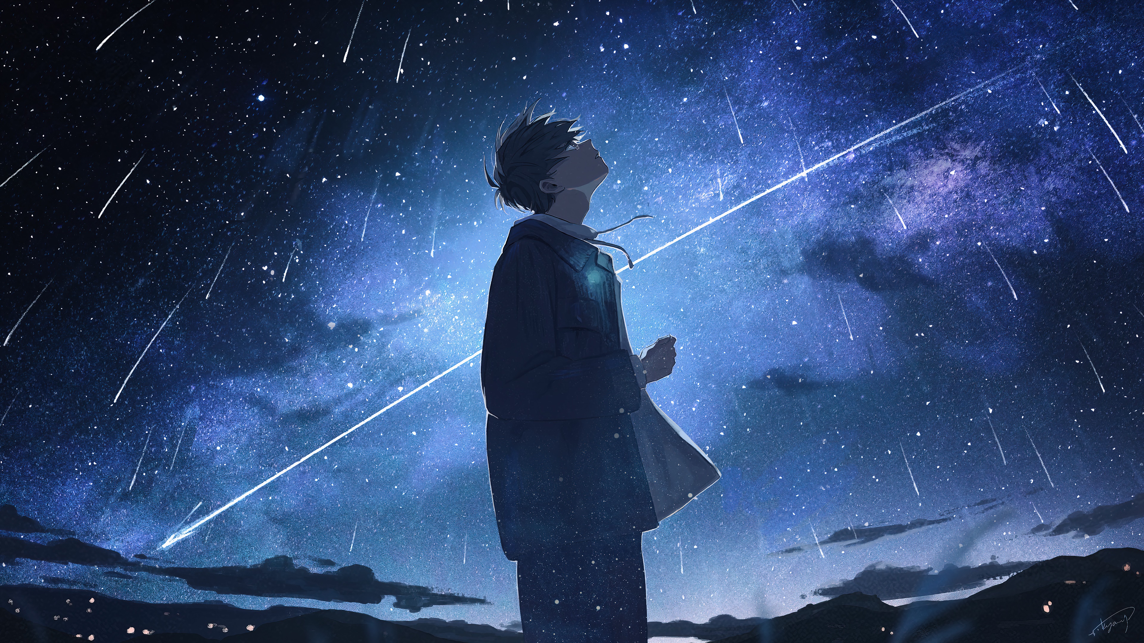 عکس شاهکار پسر انیمه ای زیر آسمان آبی پر ستاره شب