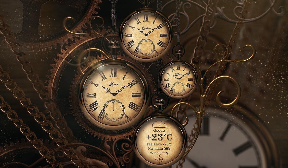 عکس تماشایی از ساعت قدیمی با نشانگر چند تایی زمان و دما