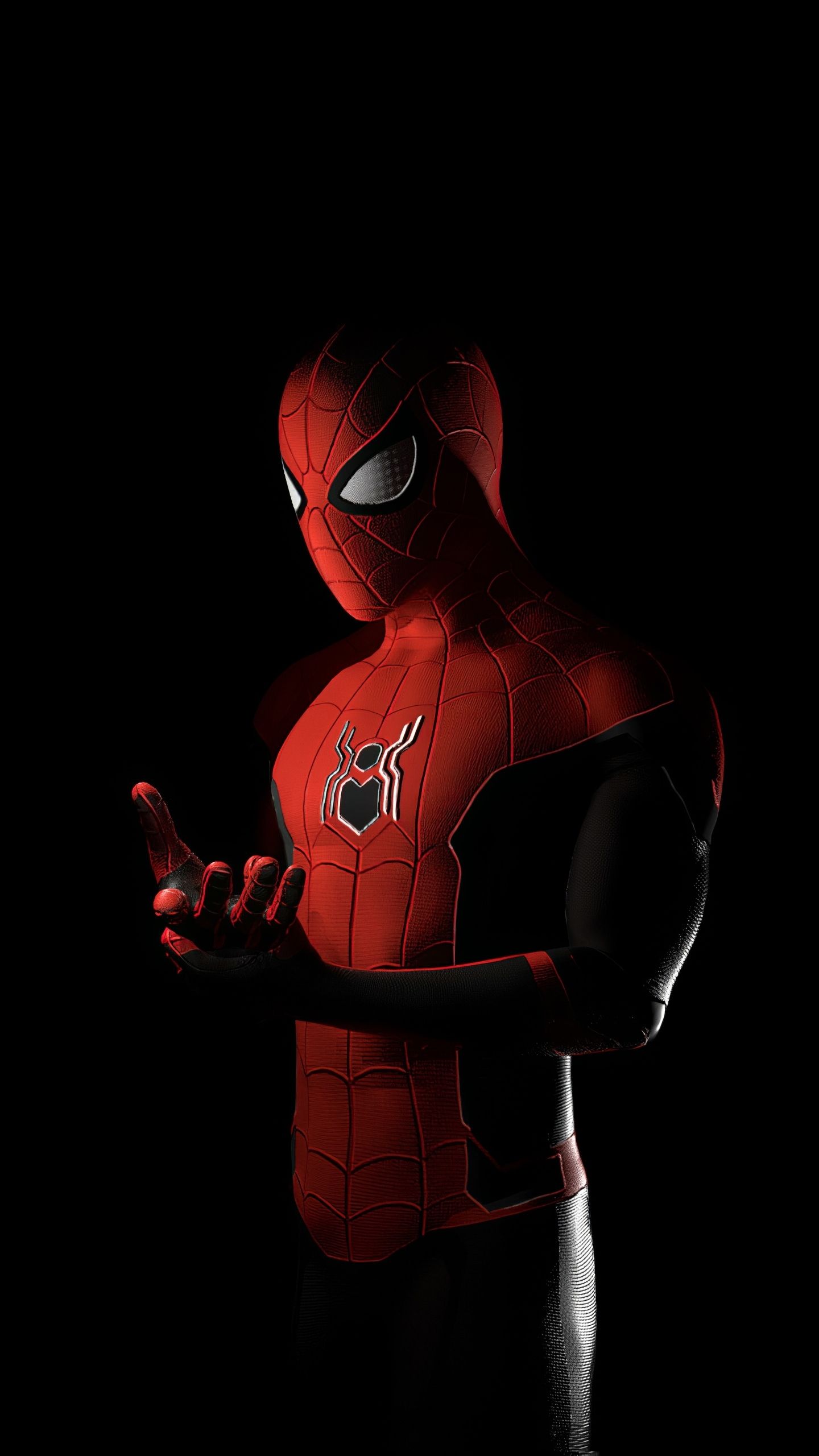 مرد عنکبوتی با لباس قرمز در بک گراند مشکی مناسب برای انواع تصویر زمینه گوشی های لمسی